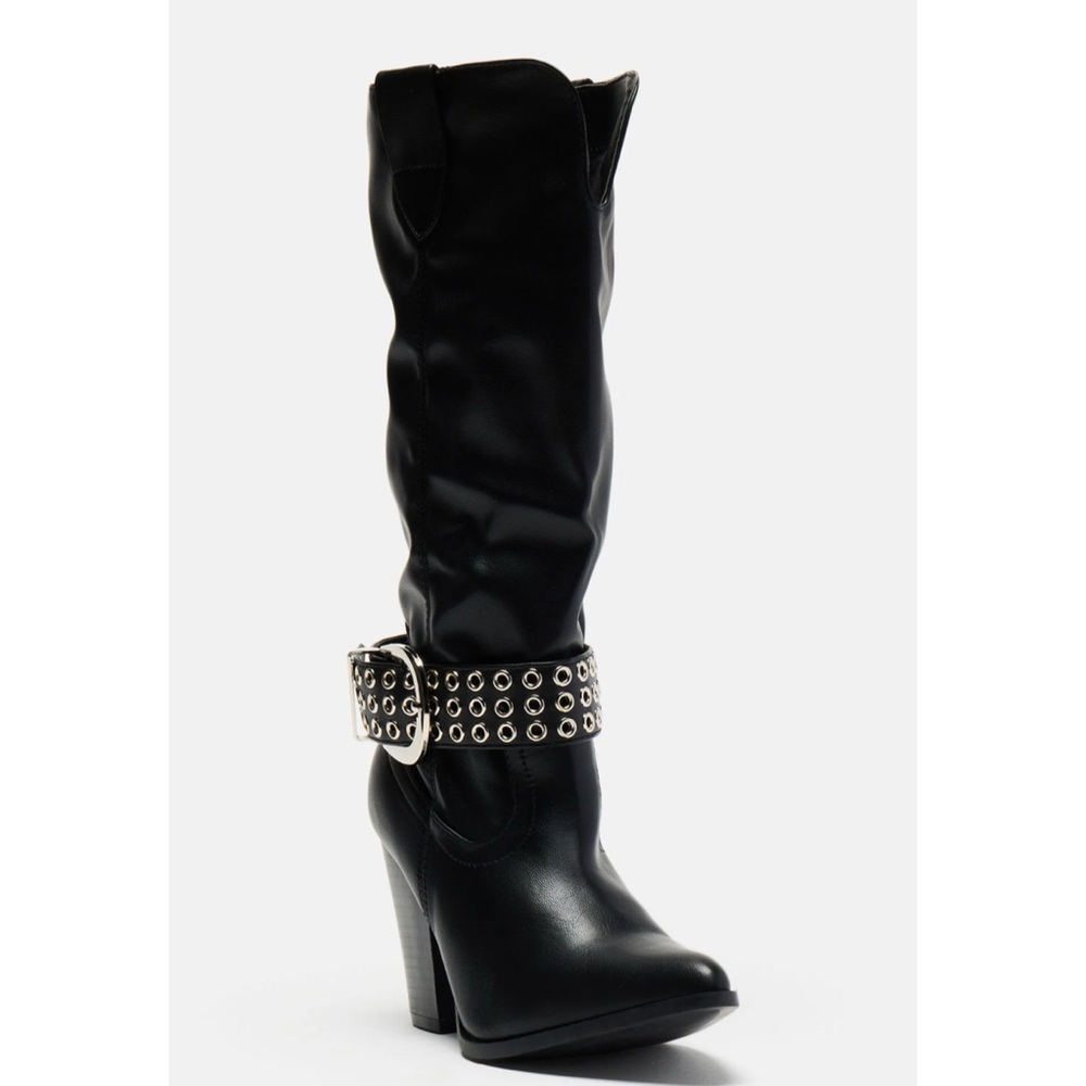 Women's Black Knee-High Boots with Studded Strap